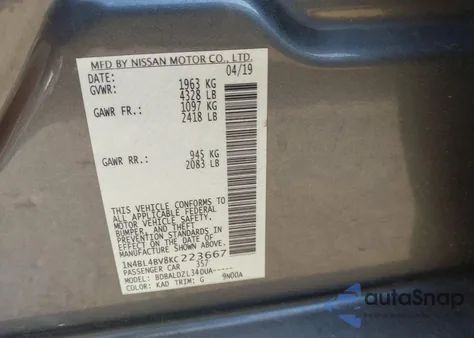 2019 Nissan Altima S z USA, uszkodzony, nr VIN 1N4BL4BV8KC223667